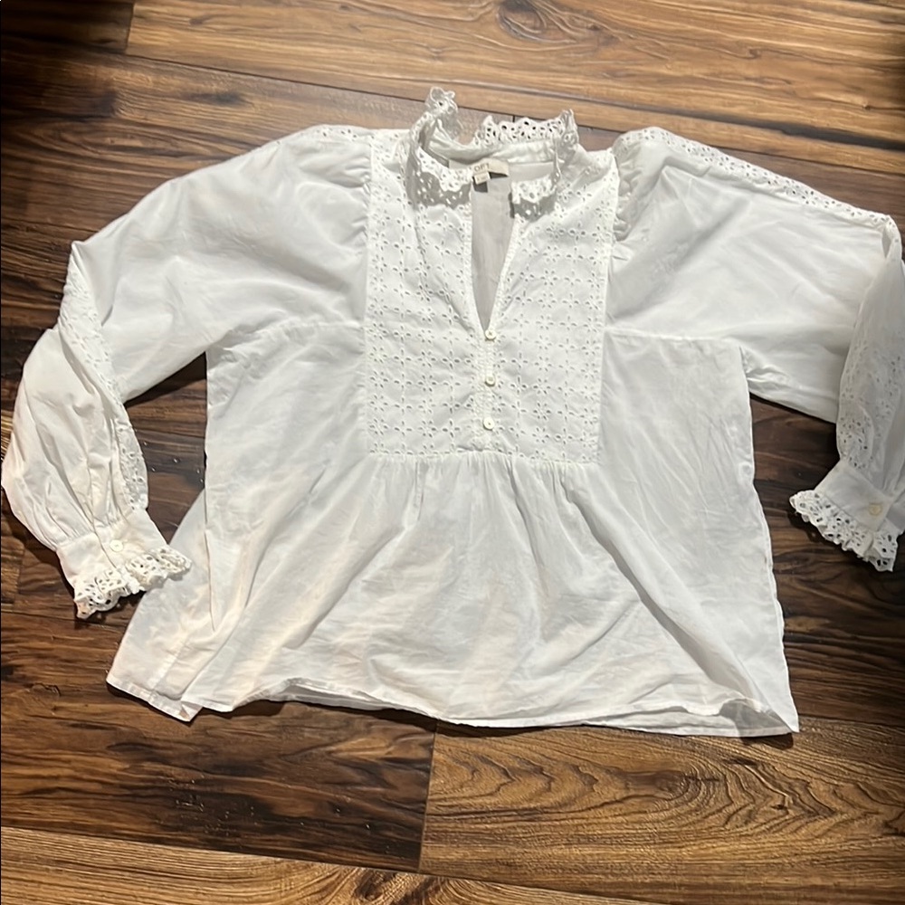 LOFT White Ruffled crochet Long Sleeve Blouse